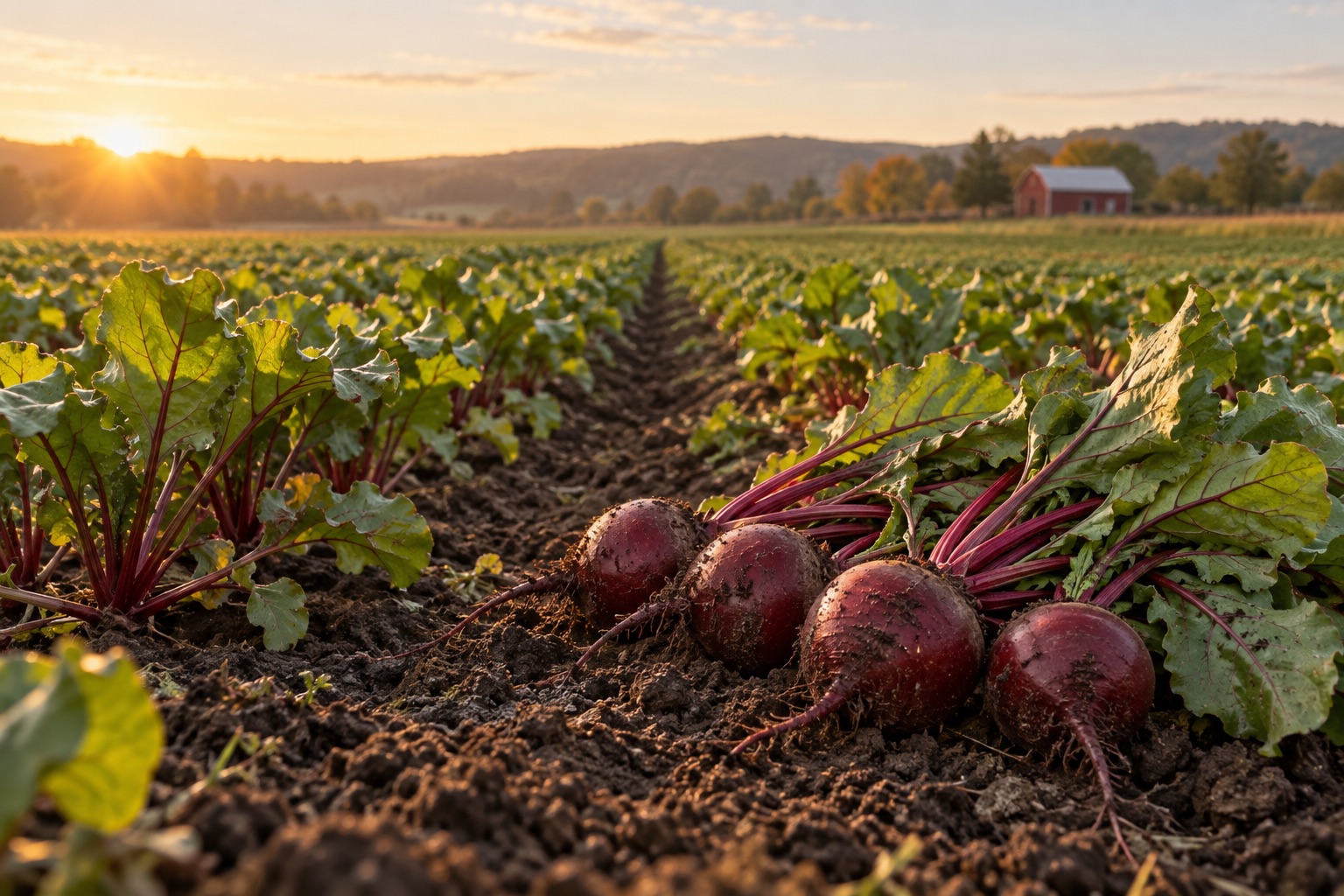 Fresh red beets in rich soil at the edge of Alberta Tech's sunlit beet field
