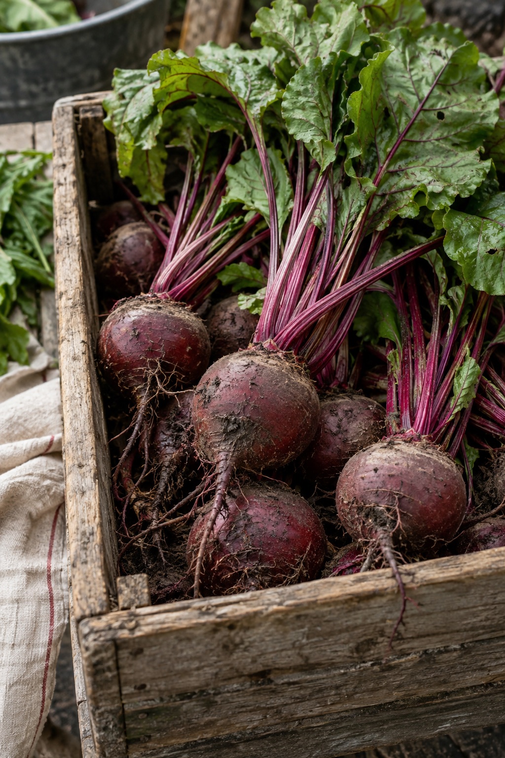A wooden crate filled with freshly harvested red beets and leafy greens