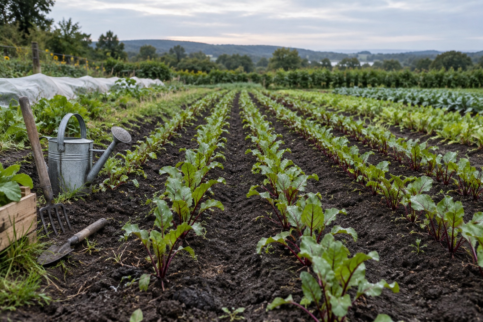 Orderly rows of young beet plants in dark soil after rain